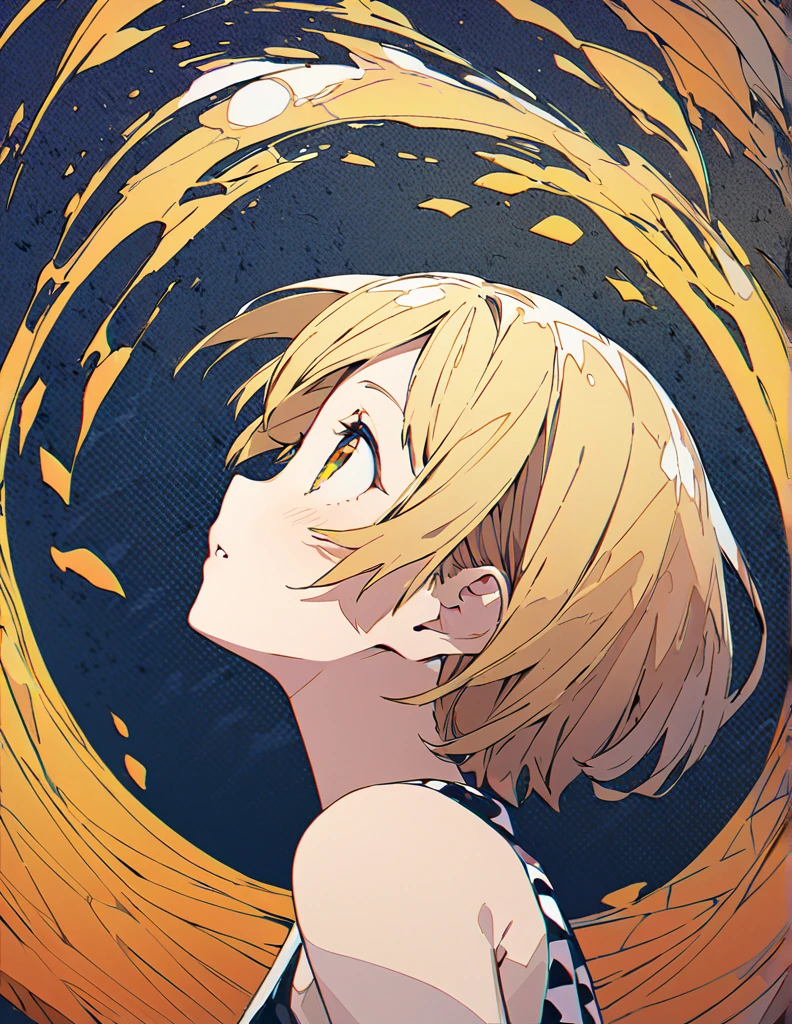 Profile of a cheerful blonde short-haired girl, side boob exposed Screentone processing Looking up at the moon Shaded painting style Abstract Painting