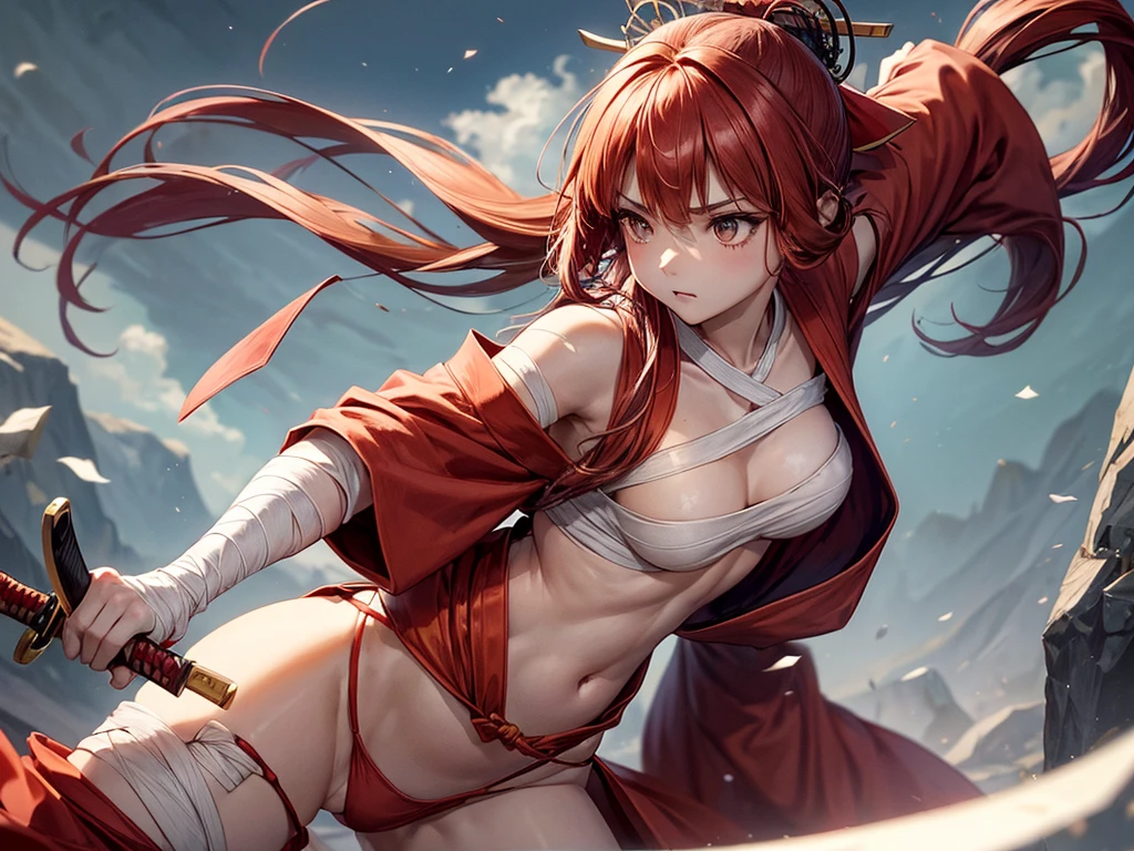 ((depic young girll)), (((top-quality, masterpiece))), 4k, HD, one girl, long hair, red hair, straight hair, ((poney tail)), nice hips, Masterpiece, Excellent, complex details, delicate girl, delicate face, sassy, confident, white ribbons around the breasts, brown eyes, clavicle, ((((bandage on breast)))), bare arms, bandage on arms, flat belly, (((red kimono))), standing, (((graceful fighting move))), ((holding katana sword in hand)), Japanese garden, atmosphere of feudal Japan