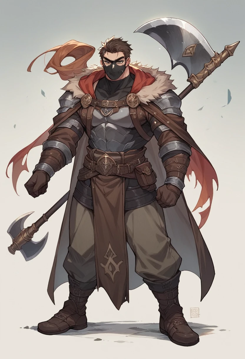 Man, wearing a mask with a big smile, brown hair, holding an axe