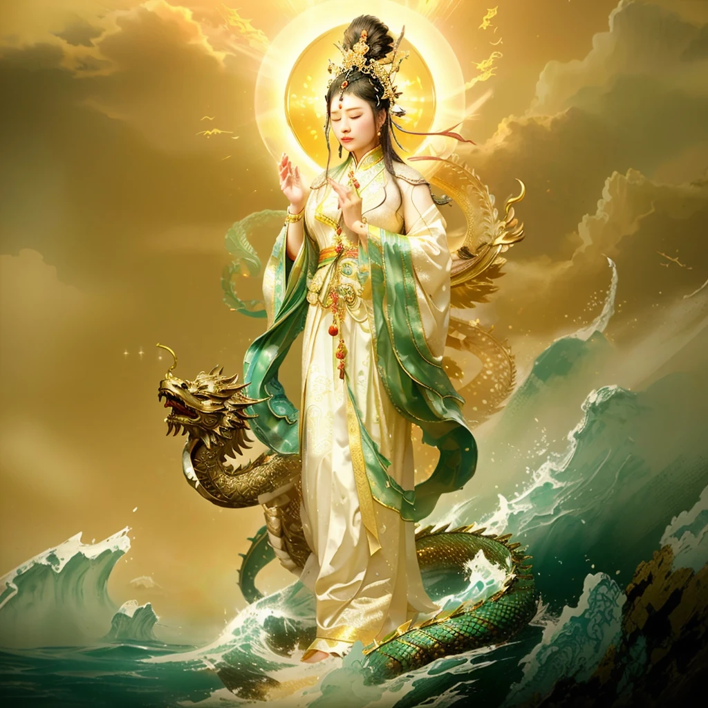 mercy buddha, surrounded by a dragon, sea wave, goddess, Chinese mythology, chinese female taoist priest, luxurious headdress, empress look, deity ribbon