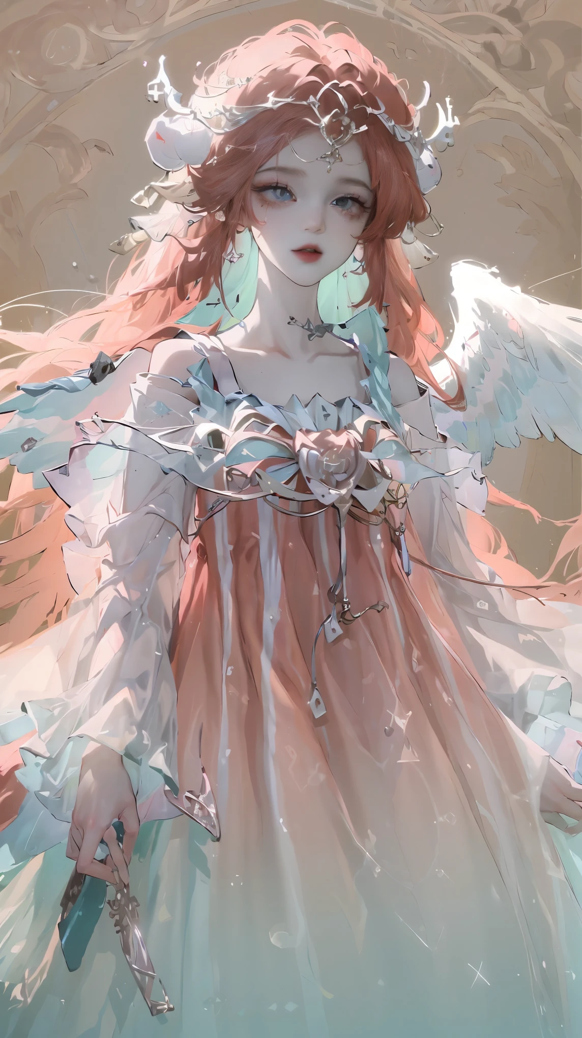 (Designed by nty:1.4),Upper body portrait of a girl,Green and red colorful, rich and colorful, Yoshitaka Amano character design,Solitary,Angelic, symmetrical beautiful, Angel Wings, Gorgeous long skirt, stand up, (((Solitary))), Color Matching,Clear facial features, Clean lines design, Magic Elements, Future Technology, ((tarot card background)), Standing Figure, ((Flat Color)), (masterpiece,Top quality,best quality,Ultra-high resolution), ((Exquisite facial features,Clear facial features,beautiful eyes,Pretty Face)) ,(32K Wallpaper),