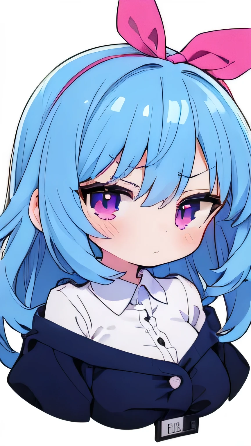 plastican00d、Chibi、​masterpiece、top-quality、masuter piece、(Elaborate beautiful eyes and detailed face,masterpiece sidelighting,​masterpiece,best qualtiy,detaileds,high-resolution illustrations), (1 girl in,full body Esbian,a beauty girl,Glossy skin,looking-down,Look at the viewer), (sky blue hair,Pink eyes,falda corta,bow ribbon,scowl ,Button shirt)、negative space:1.2