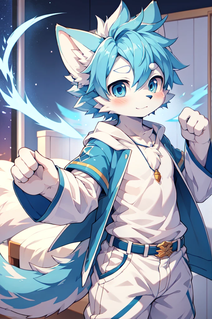 Blue hair，White hair，Blue dragon tail，The end of the tail has white fuzz，hairy，God of Art Super Top Quality, Super detailed, High resolution, Anime cute art style, The best anime, 8k, Kona sauce wallpaper, Pixiv Contest Winners, Perfect anatomical structure, , (Energetic teenager, :1.3), High resolution详细的头发，Iris and pupil are well proportioned，Blue pupils，Blue ears，Single，Light blue coat，White cropped trousers，bedroom