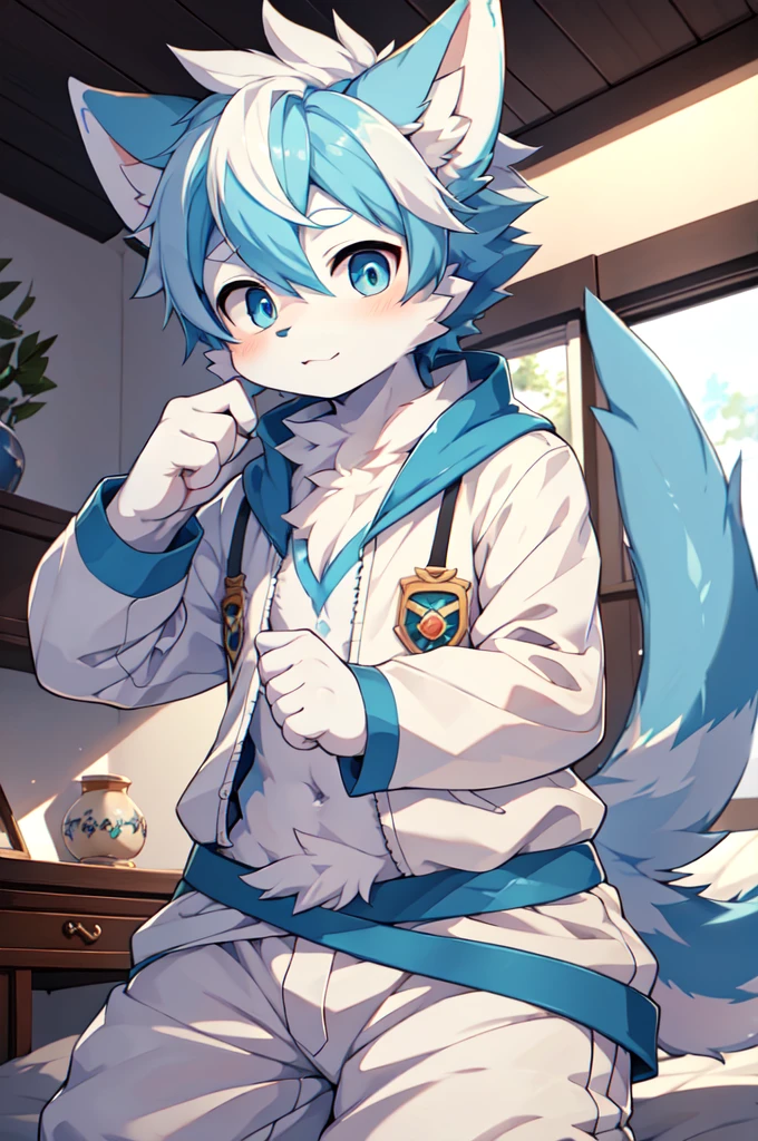 Blue hair,White hair,Blue dragon tail,The end of the tail has white fuzz,hairy,God of Art Super Top Quality, Super detailed, High resolution, Anime cute art style, The best anime, 8k, Kona sauce wallpaper, Pixiv Contest Winners, Perfect anatomical structure, , (Energetic teenager, :1.3), High resolution详细的头发,Iris and pupil are well proportioned,Blue pupils,Blue ears,Single,Light blue coat,White cropped trousers,bedroom