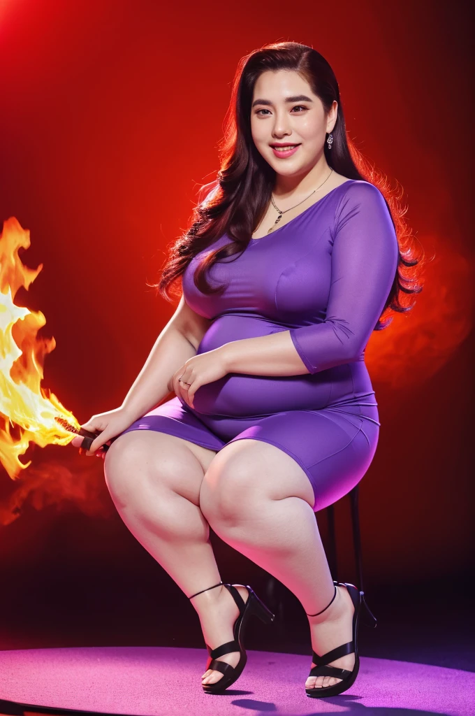 Masterpiece, Best Quality, Ultra HD, Highest Resolution, 32K Quality, Dynamic, (Super Fat:1.5), (Super Obese: 1.5), (Super Curvy: 1.5), Korean Female, Detailed Face, (Red Slicked Back Hair: 1.5), (Long Hair), (Fluttering Hair), (Smiling), Staring, (Purple Bodycon Suit), (Strapless: 1.3), Teardrop Earrings and Necklace, Holding a Height-Length Baton, Holding an Amulet, Purple High Heels, Full Body Shot, (Fire Background),