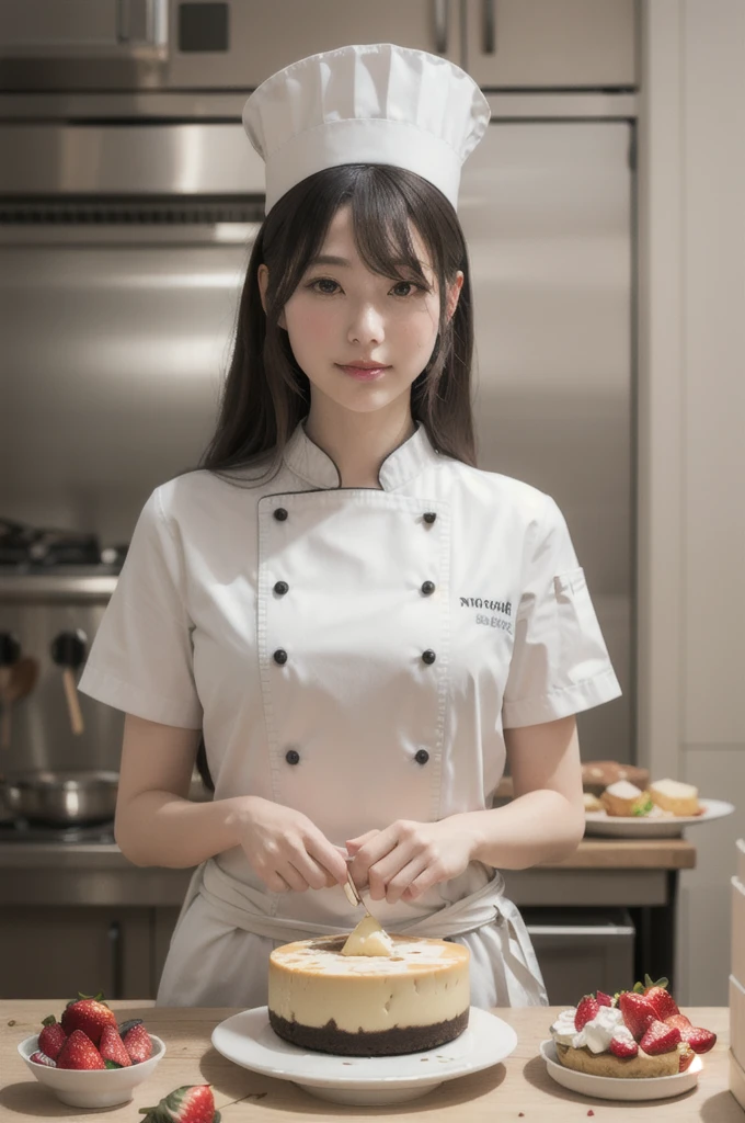 chibi, perfect-composition, Perfect pictorial composition, Creative poster, Cute, (mouse dressed as a chief), (mouse as chef), (Decorating a Really Delicious Cheesecake), (Cream cheese cake with strawberries), (messy table), (There are pieces of cheese scattered around.), (Best Quality:1.2), (Ultra-detailed), (Photorealistic:1.37), (HDR), (Vivid colors), (portrait of a), (Warm and bright color tones), (Soft diffuse lighting), food , niji style, long hair