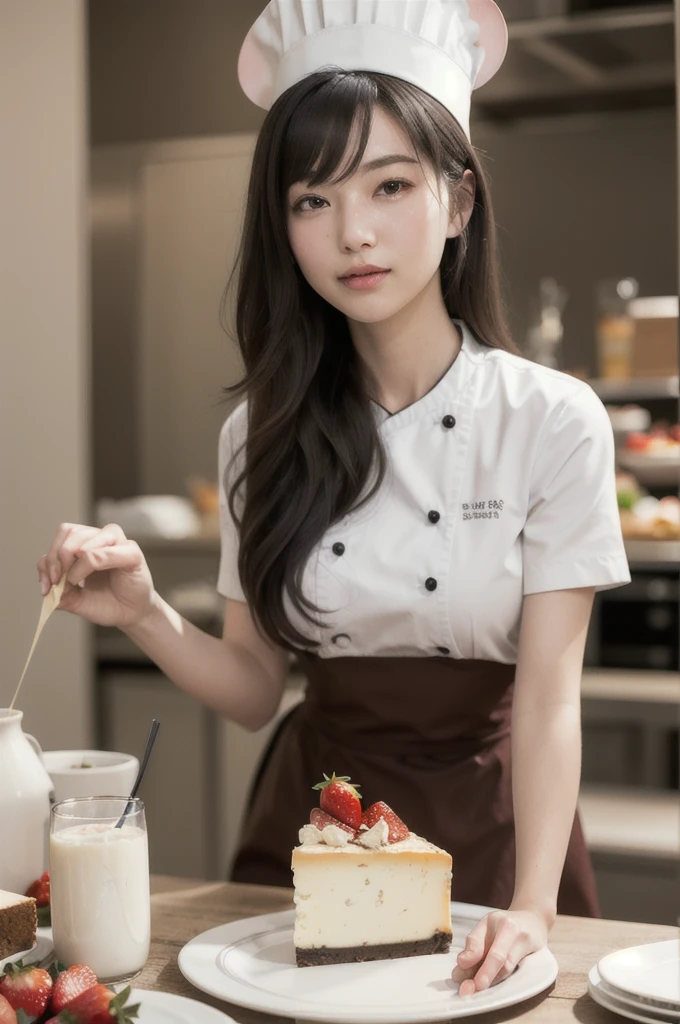 chibi, perfect-composition, Perfect pictorial composition, Creative poster, Cute, (mouse dressed as a chief), (mouse as chef), (Decorating a Really Delicious Cheesecake), (Cream cheese cake with strawberries), (messy table), (There are pieces of cheese scattered around.), (Best Quality:1.2), (Ultra-detailed), (Photorealistic:1.37), (HDR), (Vivid colors), (portrait of a), (Warm and bright color tones), (Soft diffuse lighting), food , niji style, long hair