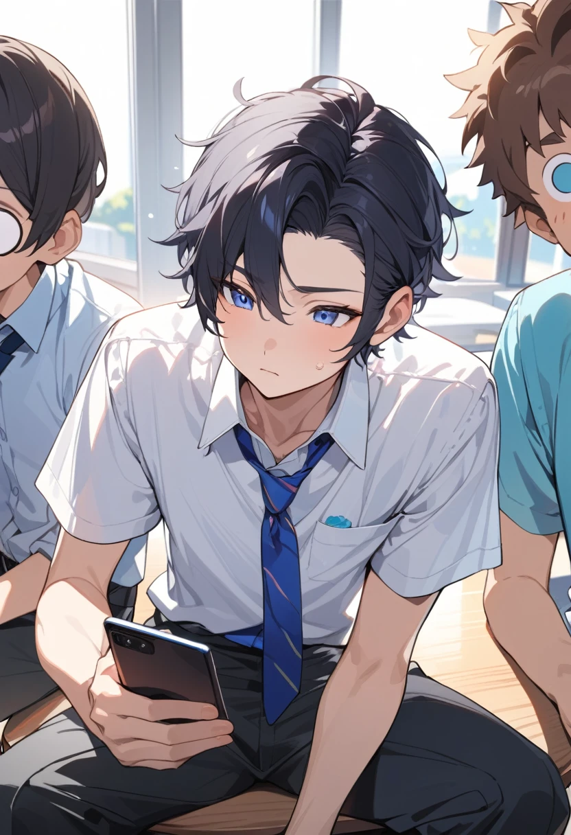 masterpiece, best quality, extremely detailed, ultra detailed, flat anime, 2D, ((1boy)),black hair, (short hair:1.5),blue eyes, height 1.7meters, (circle eyes:1.2), (young adult:1.2), Ear-length sideburns,height 1.7meters, High School Uniforms, white shirt, blue tie, ((short sleeves)), ((long pants)), sitting, closed mouth, thinking, upper body, summer, classroom, 11AM,looking at his smart phone., Operating a smart phone, ((baby face)), bangs