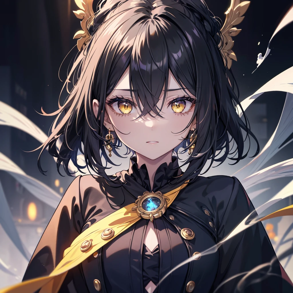 8k,High resolution RAW color art,Anime Art, (((Very detailed and cool))), Detailed skin, Blurry、texture,(Exquisitely crafted, Finer details, Ultra-detailed art), (((1 girl))), Written boundary depth, Silky to the touch, Hyper Detail, (((Cool face))), eye shadow、Silver Marble Skin, Beautiful and sophisticated eyes, Beautiful lip detail, Very delicate face, Delicate depiction of hair and eyes, masterpiece, best quality, Cinematic, Fancy effects, 1girl, Intricate details, shiny hair, shiny skin, detailed eye, hd eye, :|, beautiful eye, big eyes, gnome size, gothic, small breasts, navel, black hair, medium hair, yellow eyes, glowing eyes, baby face, goth, black casual outfit, black blazer, glowing nimbus (yellow glowing circle above head), Cross Earrings, hair between eyes, black gloves, upper body, looking at viewer, smoke background