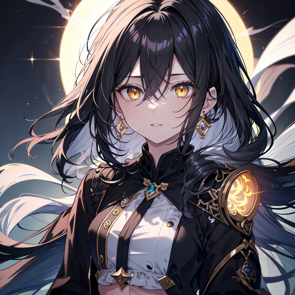8k,High resolution RAW color art,Anime Art, (((Very detailed and cool))), Detailed skin, Blurry、texture,(Exquisitely crafted, Finer details, Ultra-detailed art), (((1 girl))), Written boundary depth, Silky to the touch, Hyper Detail, (((Cool face))), eye shadow、Silver Marble Skin, Beautiful and sophisticated eyes, Beautiful lip detail, Very delicate face, Delicate depiction of hair and eyes, masterpiece, best quality, Cinematic, Fancy effects, 1girl, Intricate details, shiny hair, shiny skin, detailed eye, hd eye, :|, beautiful eye, big eyes, gnome size, gothic, small breasts, navel, black hair, medium hair, yellow eyes, glowing eyes, baby face, goth, black casual outfit, black blazer, glowing nimbus (yellow glowing circle above head), Cross Earrings, hair between eyes, black gloves, upper body, looking at viewer, smoke background