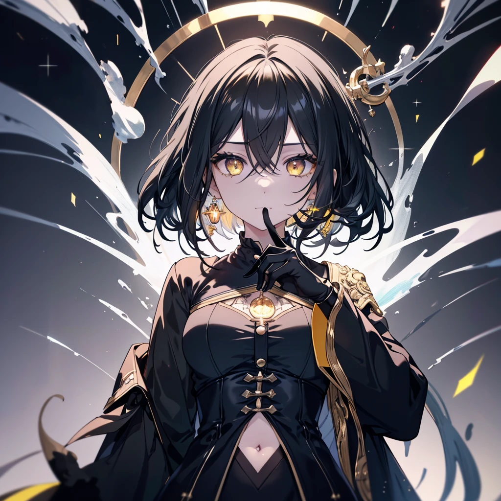 8k,High resolution RAW color art,Anime Art, (((Very detailed and cool))), Detailed skin, Blurry、texture,(Exquisitely crafted, Finer details, Ultra-detailed art), (((1 girl))), Written boundary depth, Silky to the touch, Hyper Detail, (((Cool face))), eye shadow、Silver Marble Skin, Beautiful and sophisticated eyes, Beautiful lip detail, Very delicate face, Delicate depiction of hair and eyes, masterpiece, best quality, Cinematic, Fancy effects, 1girl, Intricate details, shiny hair, shiny skin, detailed eye, hd eye, :|, beautiful eye, big eyes, gnome size, gothic, small breasts, navel, black hair, medium hair, yellow eyes, glowing eyes, baby face, goth, black casual outfit, black blazer, glowing nimbus (yellow glowing circle above head), Cross Earrings, hair between eyes, black gloves, upper body, looking at viewer, smoke background
