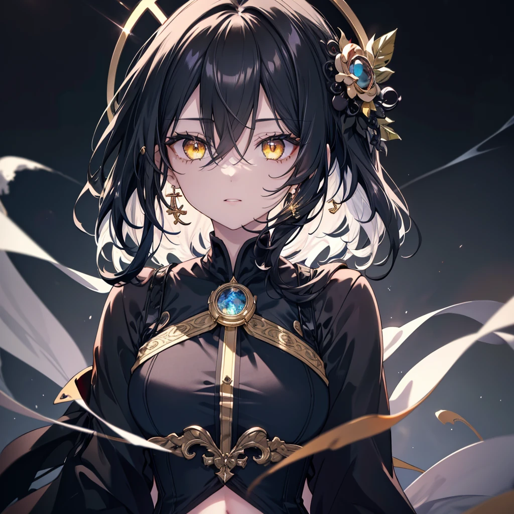 8k,High resolution RAW color art,Anime Art, (((Very detailed and cool))), Detailed skin, Blurry、texture,(Exquisitely crafted, Finer details, Ultra-detailed art), (((1 girl))), Written boundary depth, Silky to the touch, Hyper Detail, (((Cool face))), eye shadow、Silver Marble Skin, Beautiful and sophisticated eyes, Beautiful lip detail, Very delicate face, Delicate depiction of hair and eyes, masterpiece, best quality, Cinematic, Fancy effects, 1girl, Intricate details, shiny hair, shiny skin, detailed eye, hd eye, :|, beautiful eye, big eyes, gnome size, gothic, small breasts, navel, black hair, medium hair, yellow eyes, glowing eyes, baby face, goth, black casual outfit, black blazer, glowing nimbus (yellow glowing circle above head), Cross Earrings, hair between eyes, black gloves, upper body, looking at viewer, smoke background