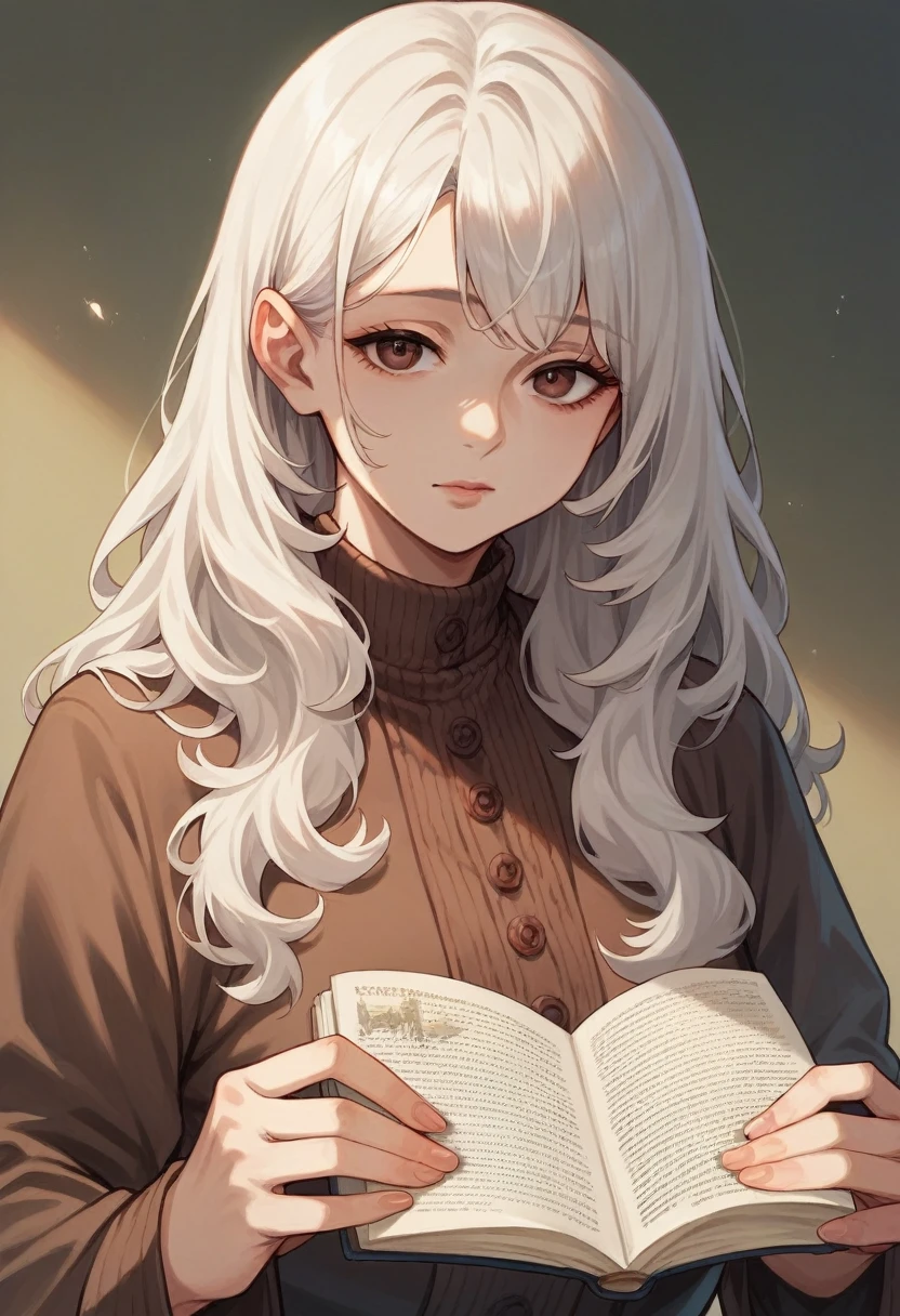 1woman, mature female, aged up, wavy long hair, white hair, hazel/brown eyes, bangs, long sleeves, finely detailed eyes and detailed face, extremely detailed, reading book happily, with the book in hands,looking at viewer, solo, upper body