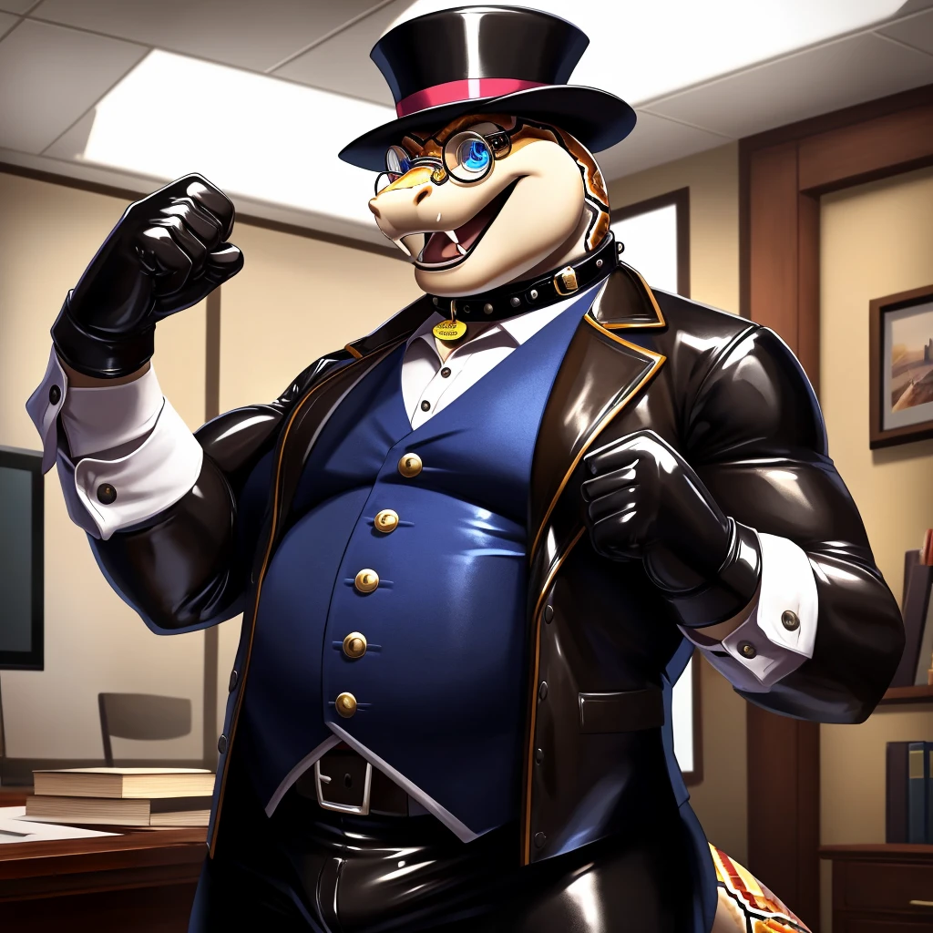 Solo, Male, fat, extremely obese, gentleman, dapper Professor Snake with fangs, mob boss, blue eyes, (posing:1.3), (soft shading), 4k, hi res, ((detailed face, detailed)), looking at viewer, mouth wide open, evil laugh, dapper clothing, collared shirt with buttons, bowler hat, male focus, Explorer Outfit, glasses, monocle, vest with buttons, sleeves rolled up, round eyewear, brown headwear, brown vest, office, Snake is wearing a glossy leather dog collar around the neck, Snake is wearing the leather collar and shirt and vest at the same time, Snake is wearing glossy white rubber gloves on the hands, wearing white rubber gloves on the feet, gloves are rubber in texture, clenching fists, leather collar is glossy and shiny with a lot of detail, Snake is wearing gloves and leather collar at the same time, leather collar has a round dog-tag, leather collar is thick and detailed, leather collar is glossy and shiny, fancy clothing, dapper vest, dapper shirt, leather collar is thick, glossy leather collar.