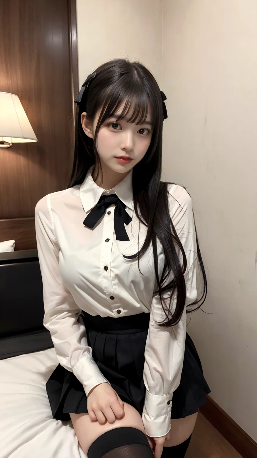 masterpiece, best quality, illustration, Super detailed, fine details, High resolution, 8K,wall paper, perfect dynamic composition,(Details High quality, realistic depiction of eyes:1.3), (collared shirt:1.1), pleated skirt, knee high socks, large breasts, black hair color, Big Natural Color Lip, bold sexy pose, (perfect body shape), crying a little、cold gaze, Harajuku style、20 year old girl、cute type、lolita、beautiful legs, hotel room, hposing Gravure Idol, Voluptuous thighs