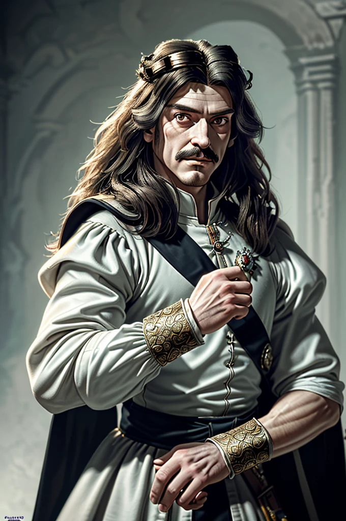 Highest quality，High resolution， (((Charles II))) ，One person，strongest，(Habsburg)，(Accurate fingertips), (The finer details), (Super detailed)，(White skin:)，4K，(high resolution)，whole body, (Front angle), Looking at the camera,masterpiece，(Subtle details)，(Intricate details)，Octane Rendering，(Hyper Detail)，