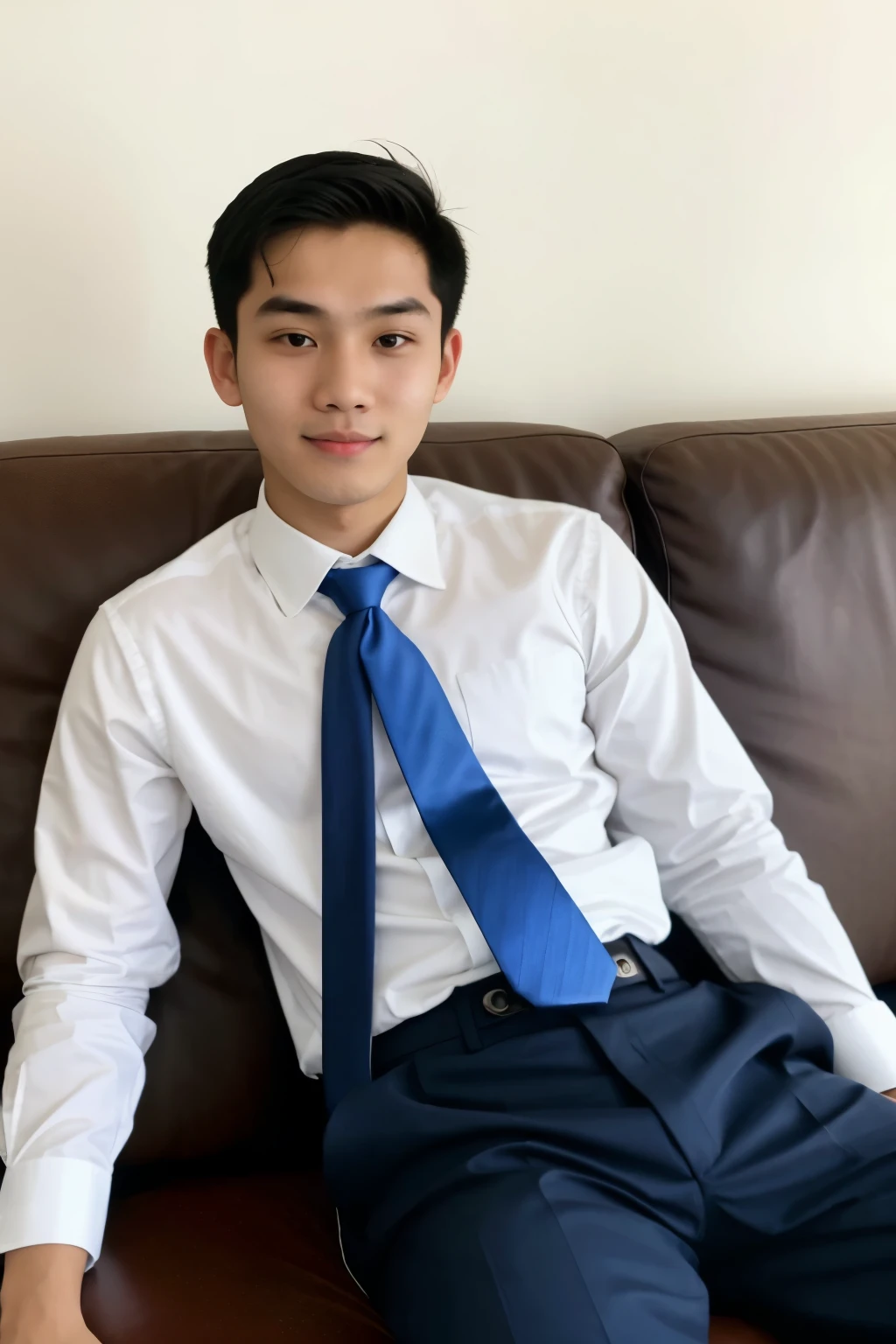 arafed boy in a white shirt and blue tie sitting on a couch, south east asian with round face, 1 7 - year - old boy thin face, thawan duchanee, 18 years old, 2 2 years old, ruan cute vtuber, 21 years old, 1 6 years old, young cute wan asian face, leaked photo