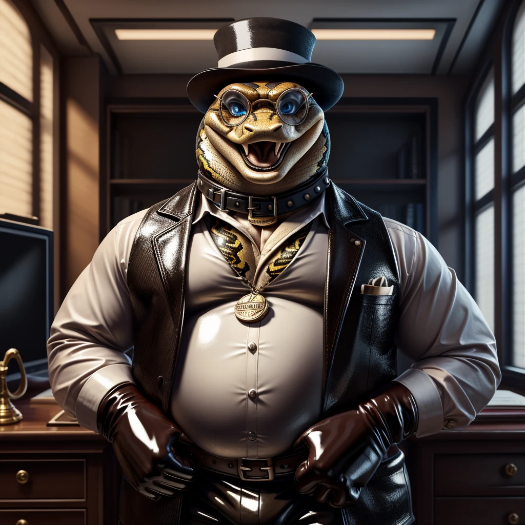 Solo, Male, fat, extremely obese, gentleman, dapper Professor Snake with fangs, mob boss, blue eyes, (posing:1.3), (soft shading), 4k, hi res, ((detailed face, detailed)), looking at viewer, mouth wide open, evil laugh, dapper clothing, collared shirt with buttons, bowler hat, male focus, Explorer Outfit, glasses, monocle, vest with buttons, sleeves rolled up, round eyewear, brown headwear, brown vest, office, Snake is wearing a glossy leather dog collar around the neck, Snake is wearing the leather collar and shirt and vest at the same time, Snake is wearing glossy white rubber gloves on the hands, wearing white rubber gloves on the feet, gloves are rubber in texture, clenching fists, leather collar is glossy and shiny with a lot of detail, Snake is wearing gloves and leather collar at the same time, leather collar has a round dog-tag, leather collar is thick and detailed, leather collar is glossy and shiny, fancy clothing, dapper vest, dapper shirt, leather collar is thick, glossy leather collar.