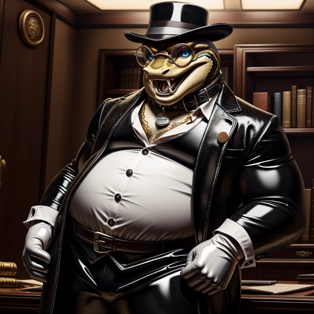Solo, Male, fat, extremely obese, gentleman, dapper Professor Snake with fangs, mob boss, blue eyes, (posing:1.3), (soft shading), 4k, hi res, ((detailed face, detailed)), looking at viewer, mouth wide open, evil laugh, dapper clothing, collared shirt with buttons, bowler hat, male focus, Explorer Outfit, glasses, monocle, vest with buttons, sleeves rolled up, round eyewear, brown headwear, brown vest, office, Snake is wearing a glossy leather dog collar around the neck, Snake is wearing the leather collar and shirt and vest at the same time, Snake is wearing glossy white rubber gloves on the hands, wearing white rubber gloves on the feet, gloves are rubber in texture, clenching fists, leather collar is glossy and shiny with a lot of detail, Snake is wearing gloves and leather collar at the same time, leather collar has a round dog-tag, leather collar is thick and detailed, leather collar is glossy and shiny, fancy clothing, dapper vest, dapper shirt, leather collar is thick, glossy leather collar.
