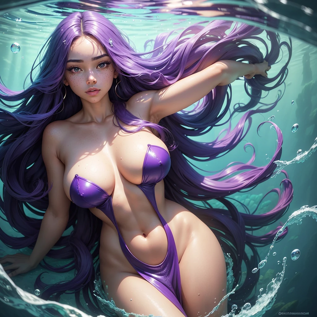 Frontal portrait of an extravagant and colorful woman who resembles a mermaid. Perfect body, big breasts, dark skin, young features, wide open eyes and delicate freckles on the nose and cheeks. Front view, Vibrant, gravity-defying hair in shades of purple, blue and orange. Her hair transforms into tendrils or aquatic flora, creating an underwater illusion. Small bubbles floating around the head add to the underwater theme. General Effect: Serene otherworldly underwater creature in silent contemplation.
