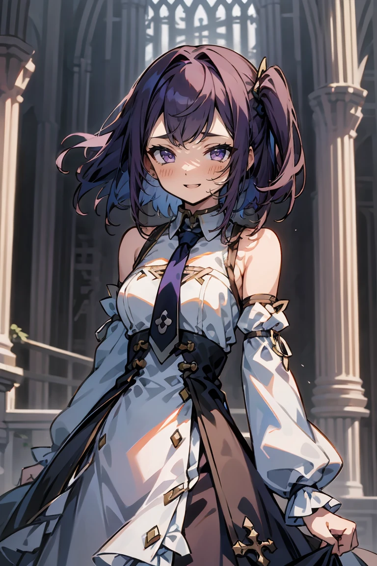 (masterpiece:1.2), (high quality:1.2), reo mikage, blue lock, girls with((1girl, solo, purple hair, (medium hair, right swept bangs, one side up:1.55), bare shoulder, blush, breasts, choker, cleavage, cowboy shot, collar, collarbone, rosary, cross, white clothes, blouse, white dress, sleeveless, collared shirt, necktie, black sleeves, arm wears, elbow armwarmers, black cheongsam, cinderella dress, long dress, frilled panniers, (open dress:1.34), black leggings)), background with((fantasy world, ruin, castle, beautiful sky, shining sky, sunshine:1.35))