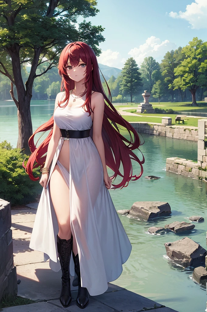 ((masterpiece, best quality)), 1girl, beautiful woman, wearing white tank top, necklace, bracelet, black maxi skirt, black boots, full body, red hair, tree, leaves, summer, stone wall, lake, ruins, rocks