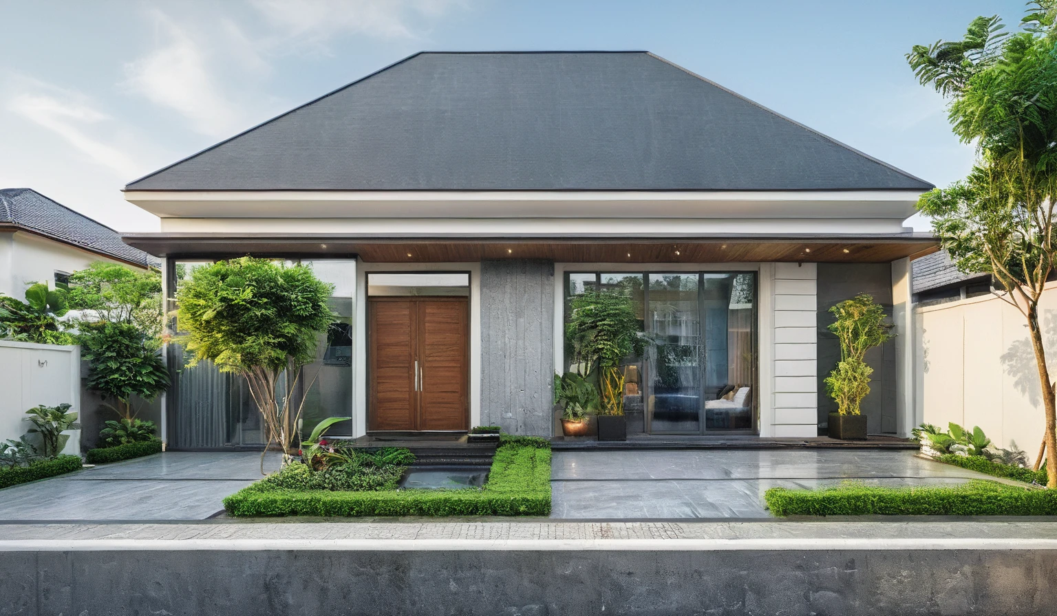 modern townhouse on street, (daylight), tropical tree, vivid color, streetcapes, nice sky, grey tone, large glass door, warm interior lighting, modern material, best quality, ultra realistic, masterpiece, 17ArchiAI_XL_VL-v1
