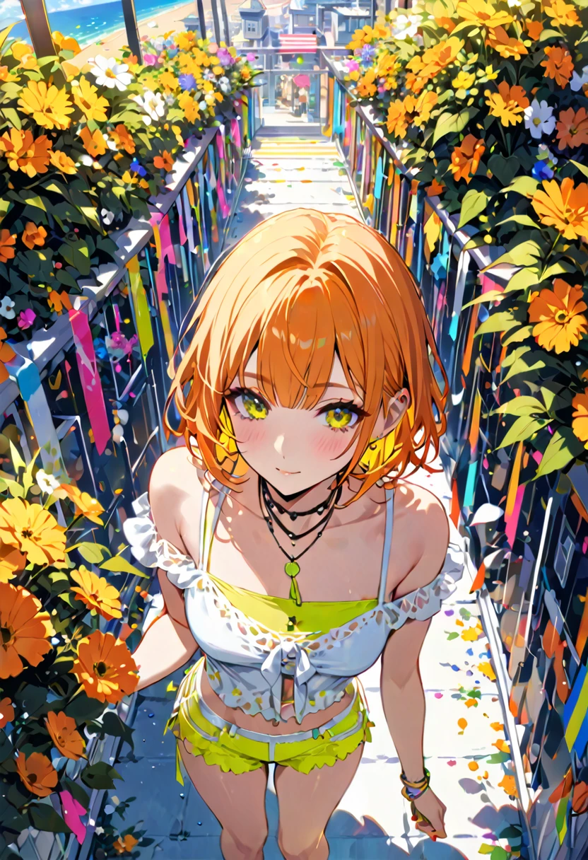 Highest quality、High resolution、masterpiece、Orange shaggy hair、Short bangs、White and yellow summer outfit、Neon color、flowerpunk、aerial view