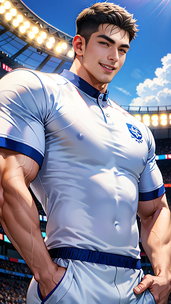 1 man, smile, (wearing white clothes, round neck, short sleeve football shirt.), Navy cargo pants, Korean guy , korean men, (High gloss details), chest muscles, Big arm muscles, blood vessel, big muscles, Broad shoulders, looking at the audience, Balancing the eyes, (Make eye contact), sports stadium, football