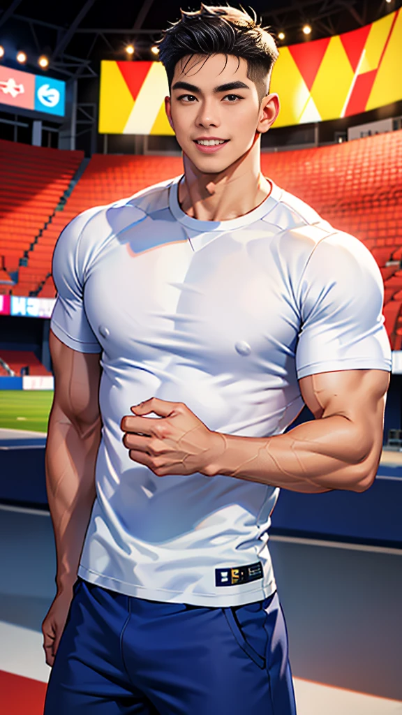 1 men, with short black hair, gray eyes, with a determined face, in loose t-shirt, on the stadium, half body, high res, ultrasharp, 8K, masterpiece,
