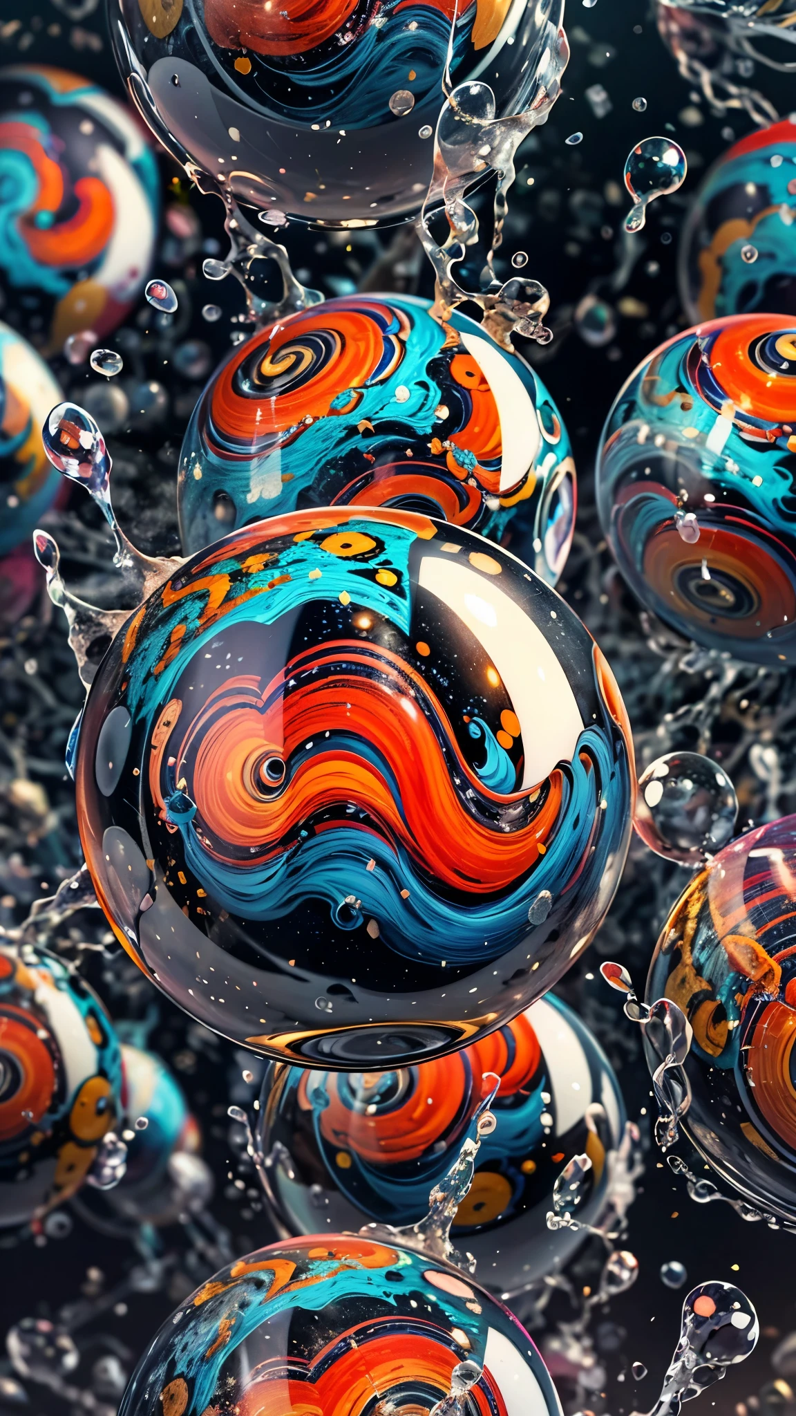 Ultra realistic, ultra-detailed, best quality, best light, dynamic point of view, marble in water, wallpaper image, broken multicolor ball, beautiful, all black background