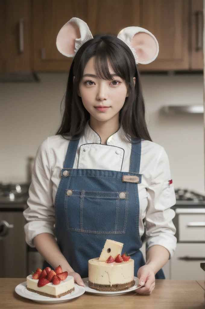 chibi, perfect-composition, Perfect pictorial composition, Creative poster, Cute, (mouse dressed as a chief), (mouse as chef), (Decorating a Really Delicious Cheesecake), (Cream cheese cake with strawberries), (messy table), (There are pieces of cheese scattered around.), (Best Quality:1.2), (Ultra-detailed), (Photorealistic:1.37), (HDR), (Vivid colors), (portrait of a), (Warm and bright color tones), (Soft diffuse lighting), food , niji style, long hair