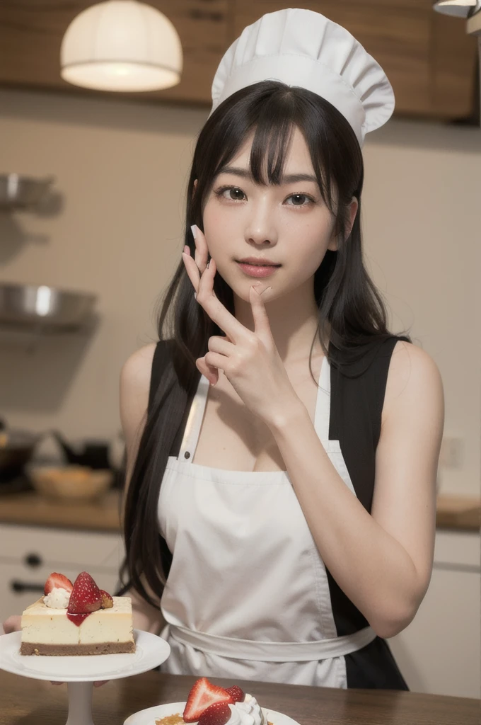 (top-quality、masterpiece:1.2)、Best Quality、realisitic、photoshot、hight resolution、1080p、8K、Textured skin、Physical Rendering、1 Japan Girls、High school students、kawaii、Young Face、Rolled hair、(patissier:1.5)、Cake shop、full of shyness、smil、Big、Cooking clothes