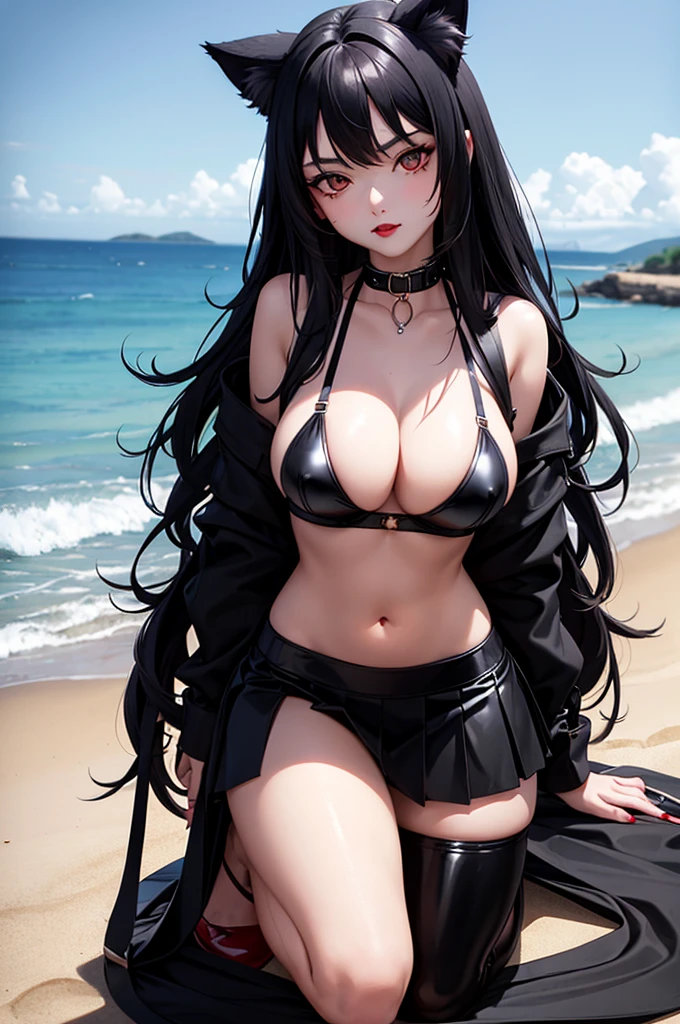 Detailed facial details,,1 girl,Red lips,Cat ear,Black long hair,Wearing a pure black latex vest,Navel,Black pleated skirt,Large Breasts,Slim,Collar,Radiant Skin,Kneeling on the beach,beach