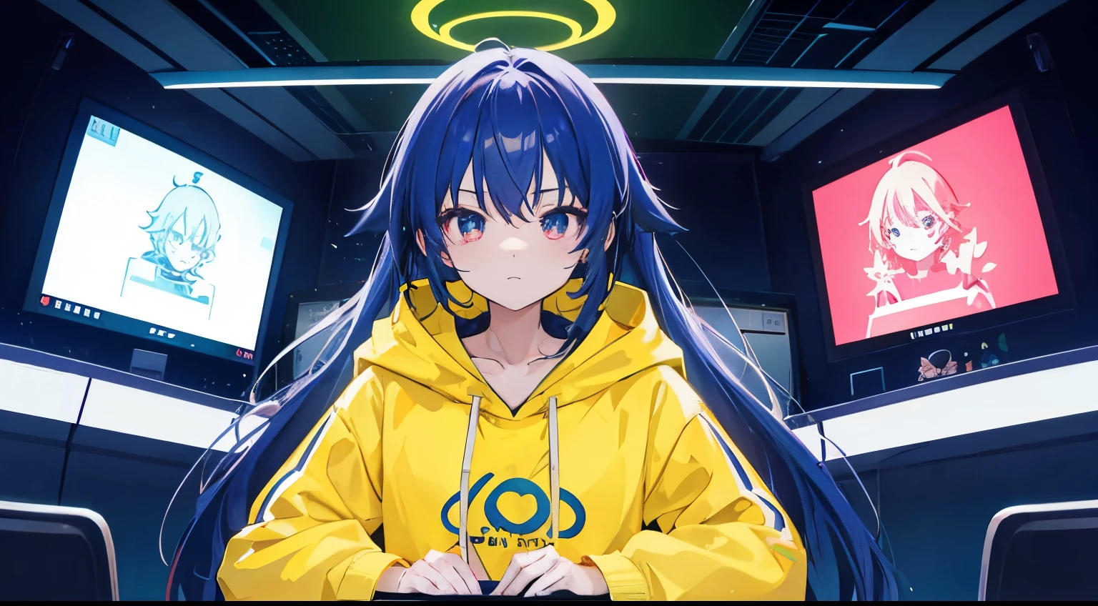 geeky smart anime cute girl talking wearing a yellow hoodie.he is sitting behind a laptop and microphone,looking left to camera,left centered character portrait,character in middle,cool background with red,green and blue lights,square big screen showing anime wallpapers on right side