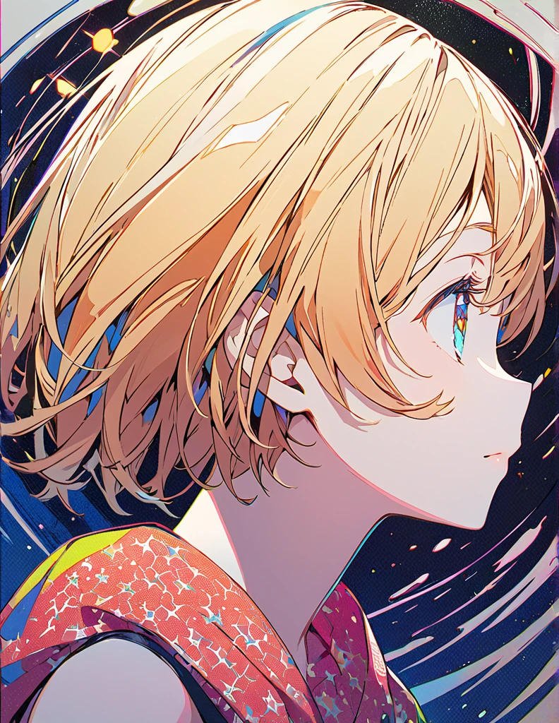 Profile of a cheerful blonde short-haired girl, side boob exposed　Screentone processing　Looking up at the moon　Shaded painting style　Abstract Painting　Colorful Processing
