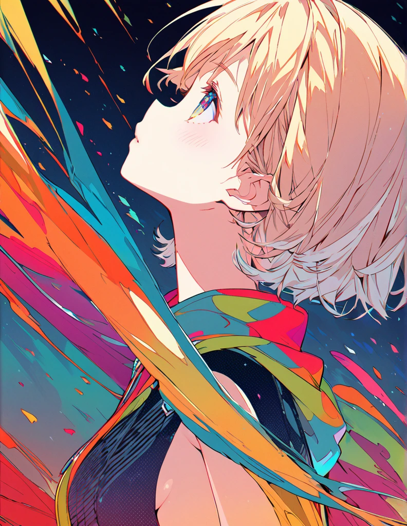 Profile of a cheerful blonde short-haired girl, side boob exposed　Screentone processing　Looking up at the moon　Shaded painting style　Abstract Painting　Colorful Processing