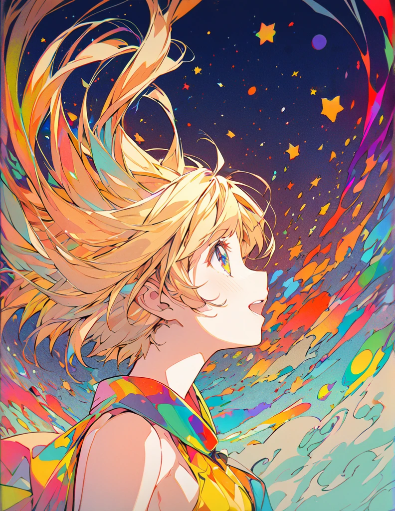 Profile of a cheerful blonde short-haired girl, side boob exposed Screentone processing Looking up at the moon Shaded painting style Abstract Painting Colorful Processing
