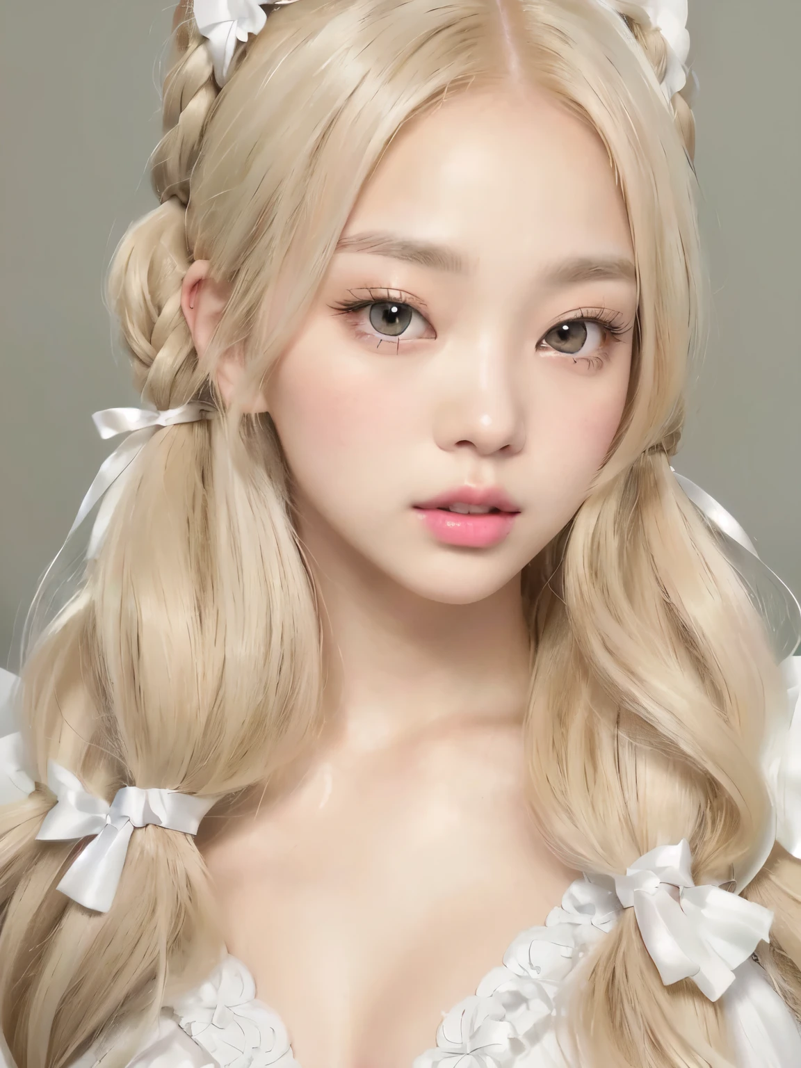 Close up of woman with long blonde hair wearing white dress, cute realistic portrait, Blonde hair with pigtails, Kawaii Hairstyle, Twintail hairstyle, Braided hairstyles, cute natural anime face, pale milky white porcelain skin, long blonde hair and big eyes, realistic young anime girl, White hime cut hairstyle, anime girl in real life, ultrarealistic sweet bunny girl, Jenny Kim, Jenny Kim, blackpink jennie