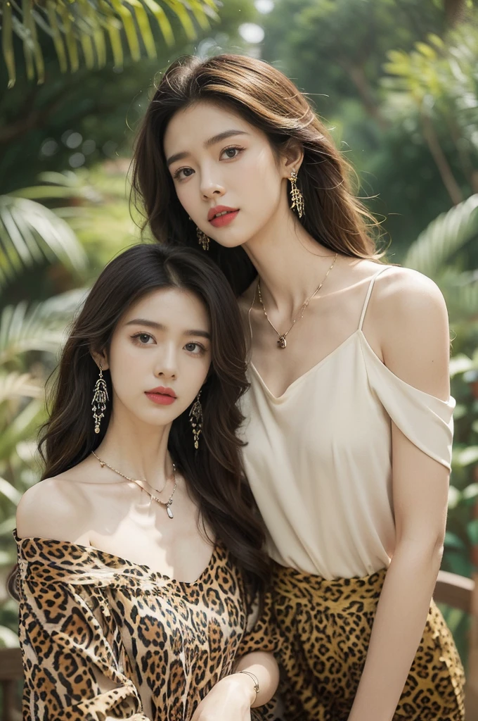(((best quality))),(((ultra detailed))),(((masterpiece))),illustration,((1 beautiful girl,solo)),(shoulder length messy hair:1.2),((Beast bone earrings and necklace)),((slim,thin)),((small breasts,flat chest)),(slender legs:1.2),fair complexion,(leopard print short-sleeved shirt:1.3),seductive,wild spirit,lush forest,primitive,tall trees,green canopy, sunlight filter,scent of earth,bird chirping,small creatures,secluded spot,captivating,enigmatic,raw energy,untamed spirit,morden day Eve,Garden of Eden,playful,adventurous,striking appearance,exotic setting,summertime,heat,humidity,vibrant colours,endless possibilities,exquisite detail,expansive wilderness,feminine allure,((from front,upper body))