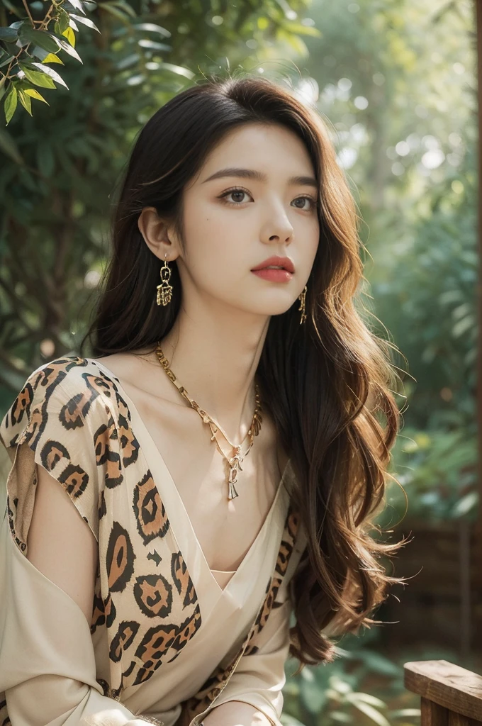 (((best quality))),(((ultra detailed))),(((masterpiece))),illustration,((1 beautiful girl,solo)),(shoulder length messy hair:1.2),((Beast bone earrings and necklace)),((slim,thin)),((small breasts,flat chest)),(slender legs:1.2),fair complexion,(leopard print short-sleeved shirt:1.3),seductive,wild spirit,lush forest,primitive,tall trees,green canopy, sunlight filter,scent of earth,bird chirping,small creatures,secluded spot,captivating,enigmatic,raw energy,untamed spirit,morden day Eve,Garden of Eden,playful,adventurous,striking appearance,exotic setting,summertime,heat,humidity,vibrant colours,endless possibilities,exquisite detail,expansive wilderness,feminine allure,((from front,upper body))