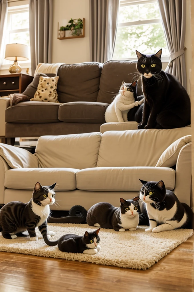 Cozy House Introduction: Show the family of cats in their cozy home. Daddy Fat Cat, Mommy Cat, and Tiny playing together.