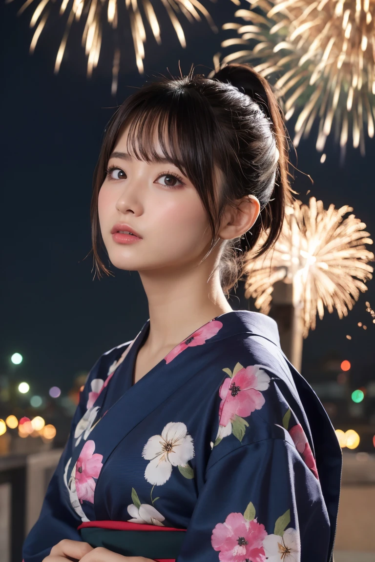 Highest quality, The finer details, (Beautiful single girl))), Highly detailed eyes and face, firework, yukata, looking up at firework, ponytail, Large tear bags, double eyelid