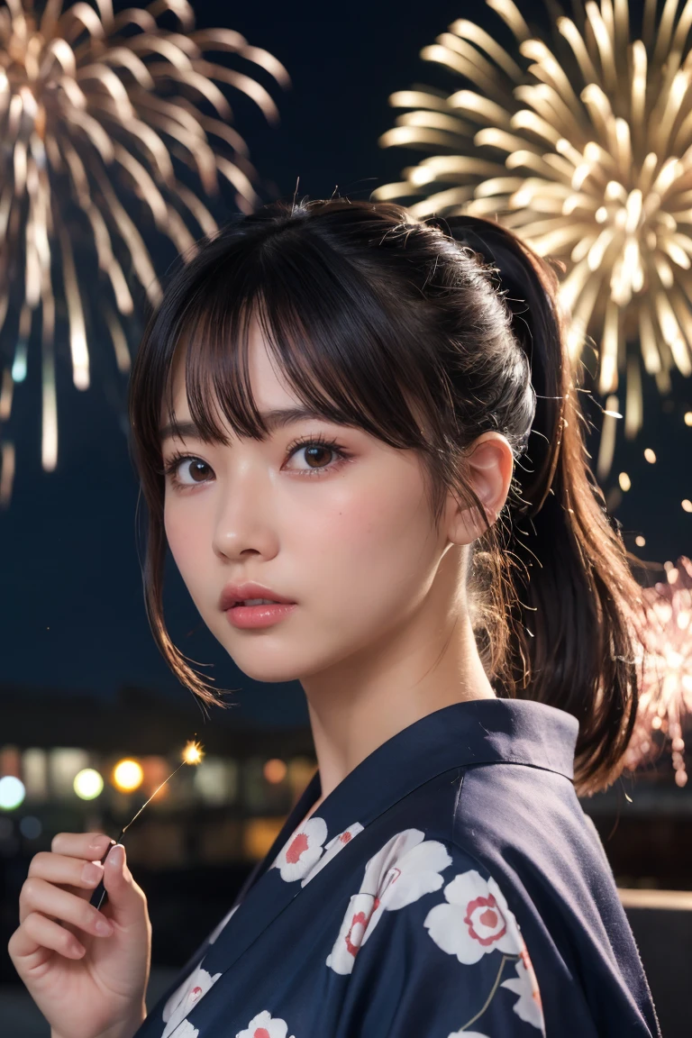 Highest quality, The finer details, (Beautiful single girl))), Highly detailed eyes and face, firework, yukata, looking up at firework, ponytail, Large tear bags, double eyelid