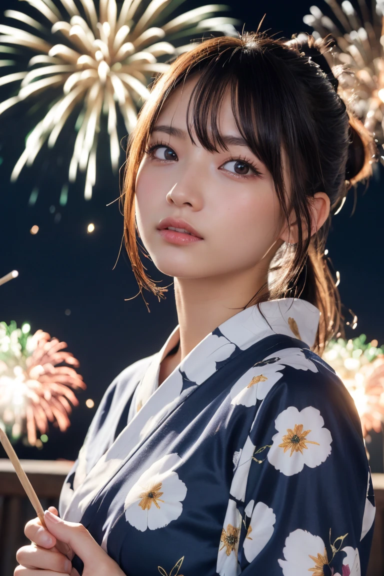 Highest quality, The finer details, (Beautiful single girl))), Highly detailed eyes and face, firework, yukata, looking up at firework, ponytail, Large tear bags, double eyelid