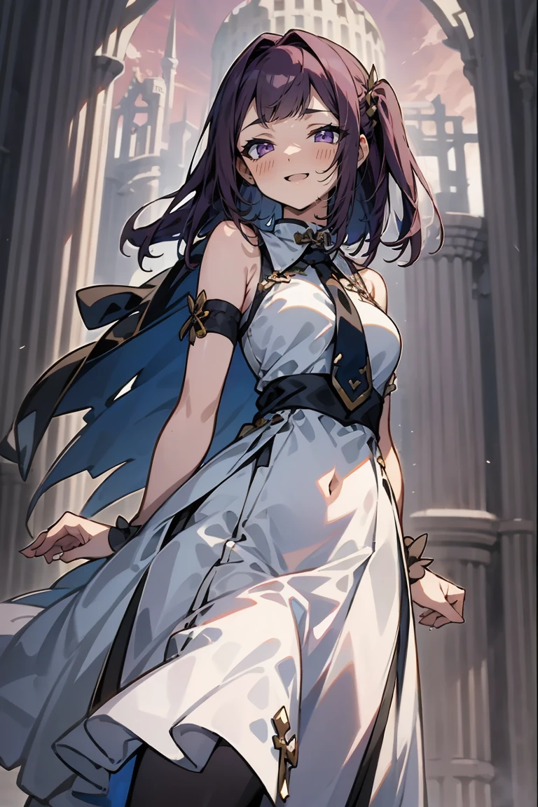 (masterpiece:1.2), (high quality:1.2), girls with((1girl, solo, purple hair, (medium hair, right swept bangs, one side up:1.55), bare shoulder, blush, breasts, choker, cleavage, cowboy shot, collar, collarbone, rosary, cross, white clothes, blouse, white dress, sleeveless, collared shirt, necktie, black sleeves, arm wears, elbow armwarmers, black cheongsam, cinderella dress, long dress, frilled panniers, (open dress:1.34), black leggings)), background with((fantasy world, ruin, castle, beautiful sky, shining sky, sunshine:1.35))