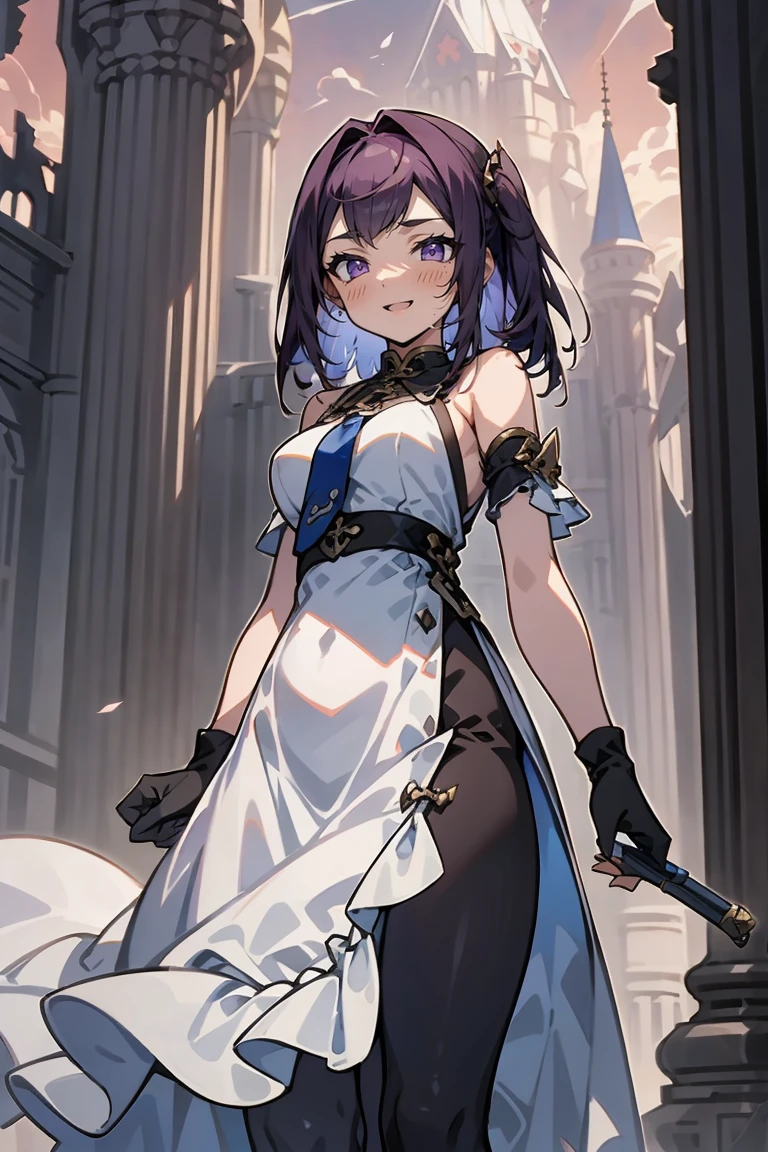 (masterpiece:1.2), (high quality:1.2), reo mikage, blue lock, girls with((1girl, solo, purple hair, (medium hair, right swept bangs, one side up:1.55), bare shoulder, blush, breasts, choker, cleavage, cowboy shot, collar, collarbone, rosary, cross, white clothes, blouse, white dress, sleeveless, collared shirt, necktie, (black sleeves, arm wears, elbow armwarmers, black cheongsam:1.2), cinderella dress, long dress, frilled panniers, (open dress:1.34), leggings)), background with((fantasy world, ruin, castle, beautiful sky, shining sky, sunshine:1.35))