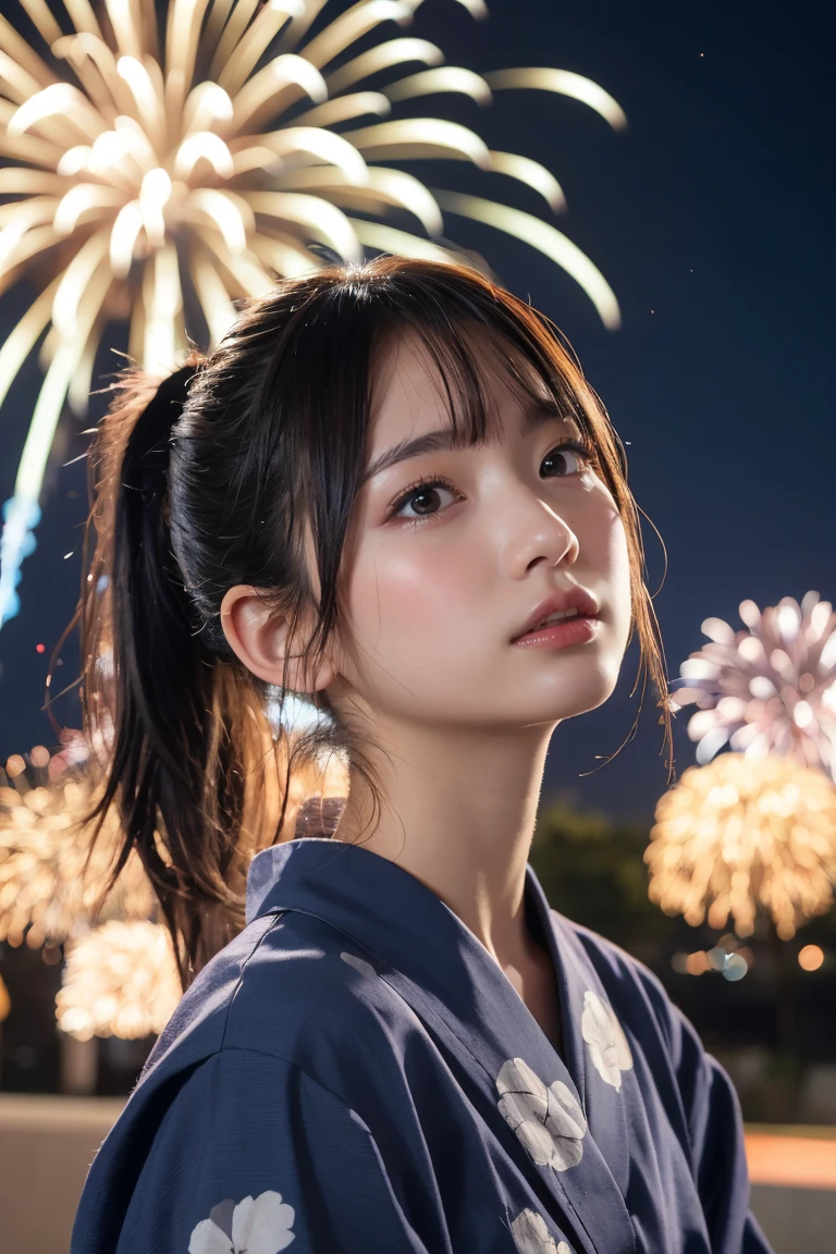 Highest quality, The finer details, (Beautiful single girl))), Highly detailed eyes and face, firework, yukata, looking up at firework, ponytail, Large tear bags, double eyelid