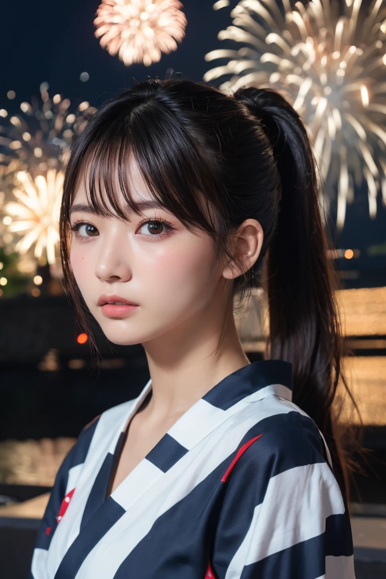 Highest quality, The finer details, (Beautiful single girl))), Highly detailed eyes and face, firework, yukata, looking up at firework, ponytail, Large tear bags, double eyelid