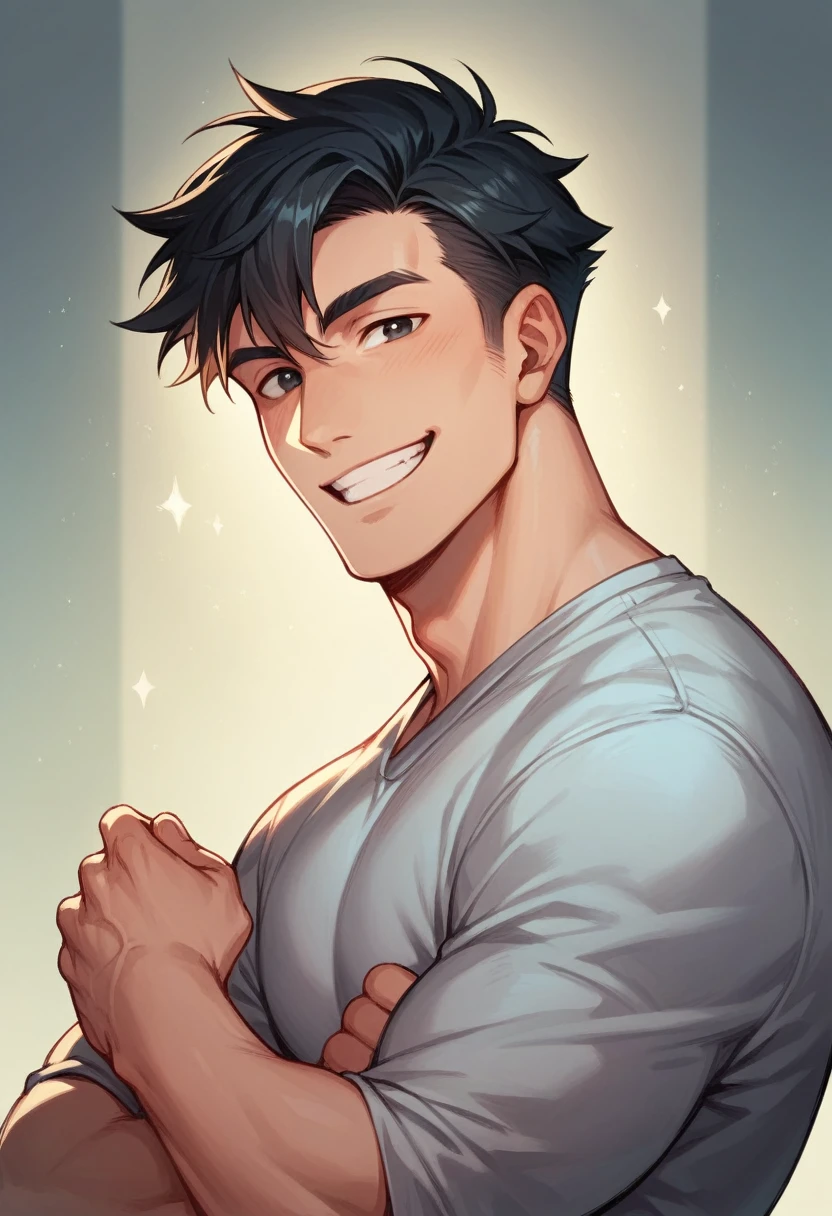 super detail, best quality, A handsome man, black hair, short hair, light smile, happy, six-pack